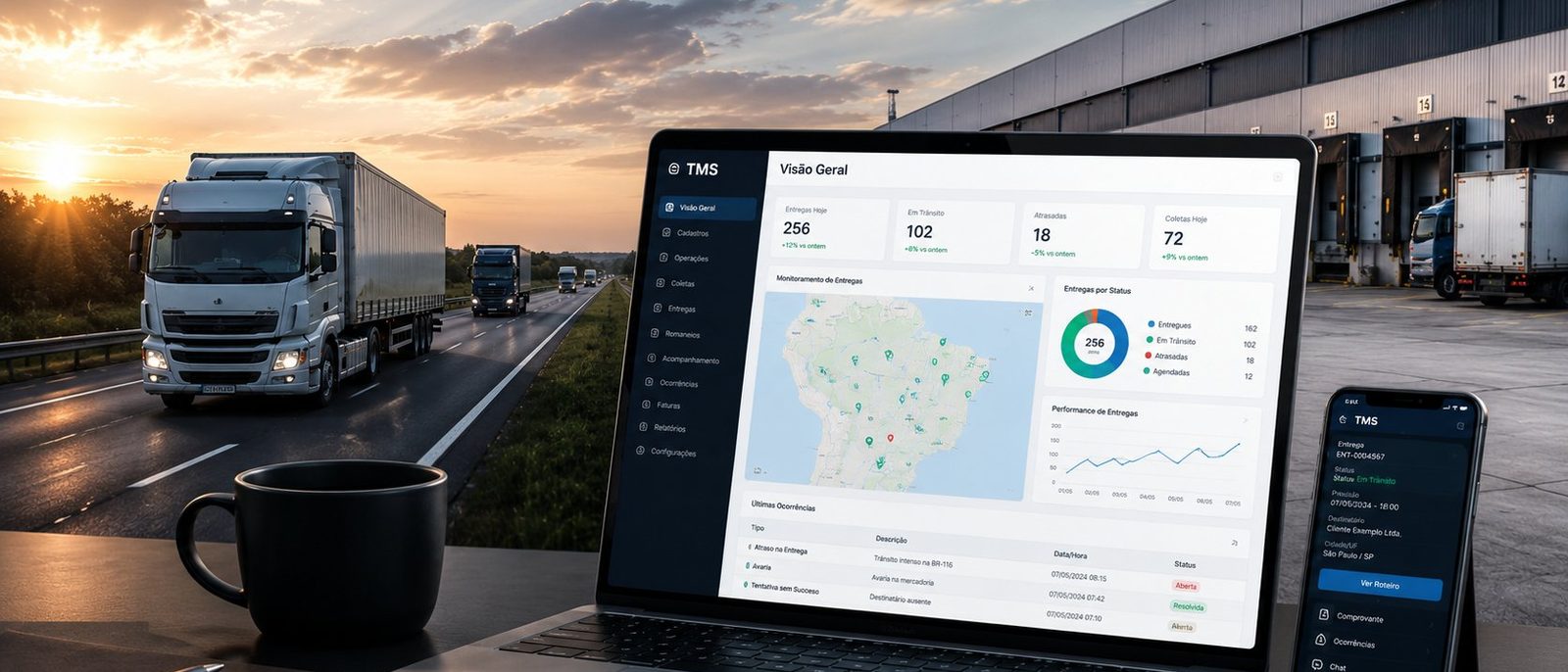 Caminhão em rota com o painel TMS acompanhando a entrega